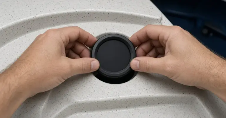Hands pressing a round battery monitor display into a cutout on a boat console