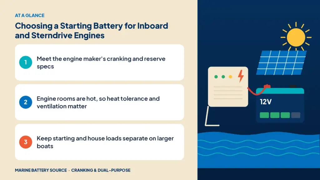 At-a-glance summary: Meet the engine maker's cranking and reserve specs; Engine rooms are hot, so heat tolerance and ventilation matter; Keep starting and house loads separate on larger boats