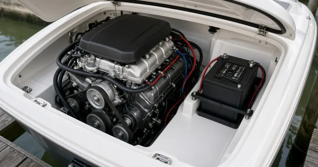 Open engine hatch on a sterndrive boat showing the engine and its starting battery