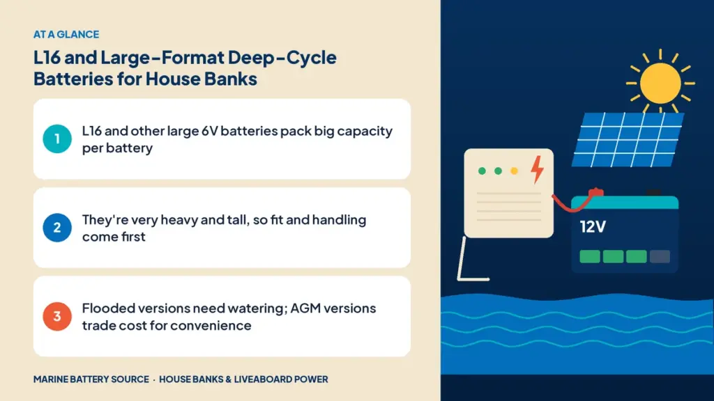 At-a-glance summary: L16 and other large 6V batteries pack big capacity per battery; They're very heavy and tall, so fit and handling come first; Flooded versions need watering; AGM versions trade cost for convenience