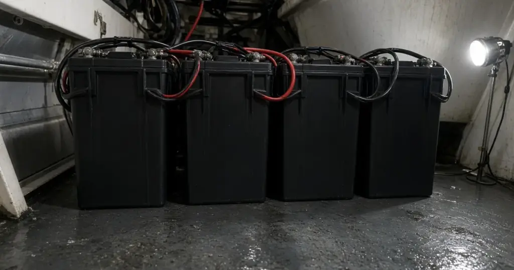 Four tall deep-cycle batteries wired together in a dim engine room under a work light