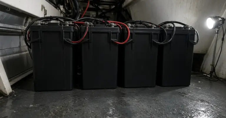 Four tall deep-cycle batteries wired together in a dim engine room under a work light