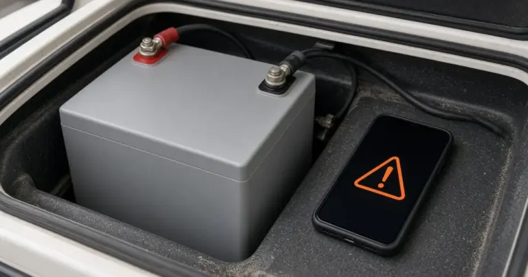 Lithium battery in a boat compartment beside a phone showing a warning symbol