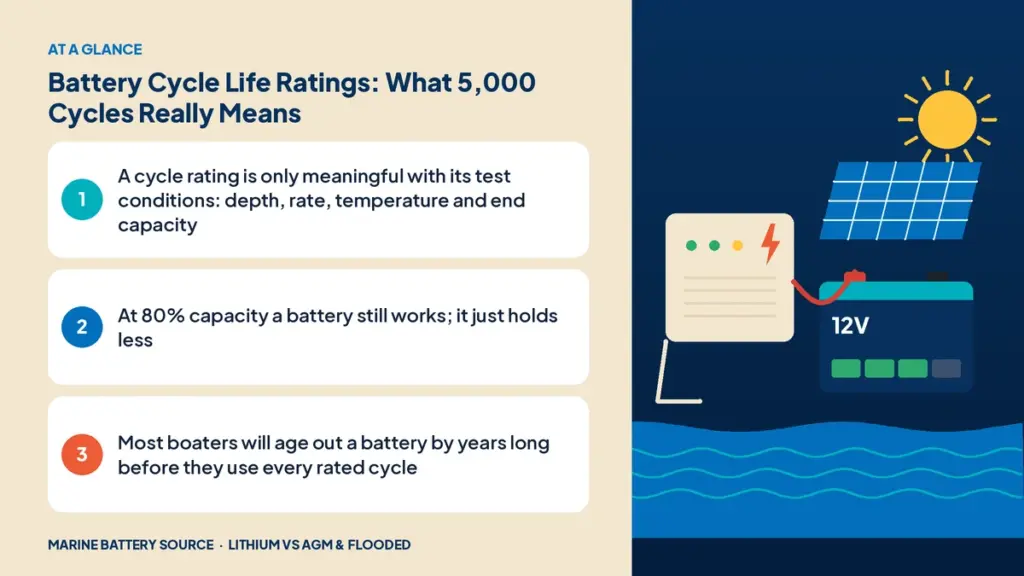 At-a-glance summary: A cycle rating is only meaningful with its test conditions: depth, rate, temperature and end capacity; At 80% capacity a battery still works; it just holds less; Most boaters will age out a battery by years long before they use every rated cycle