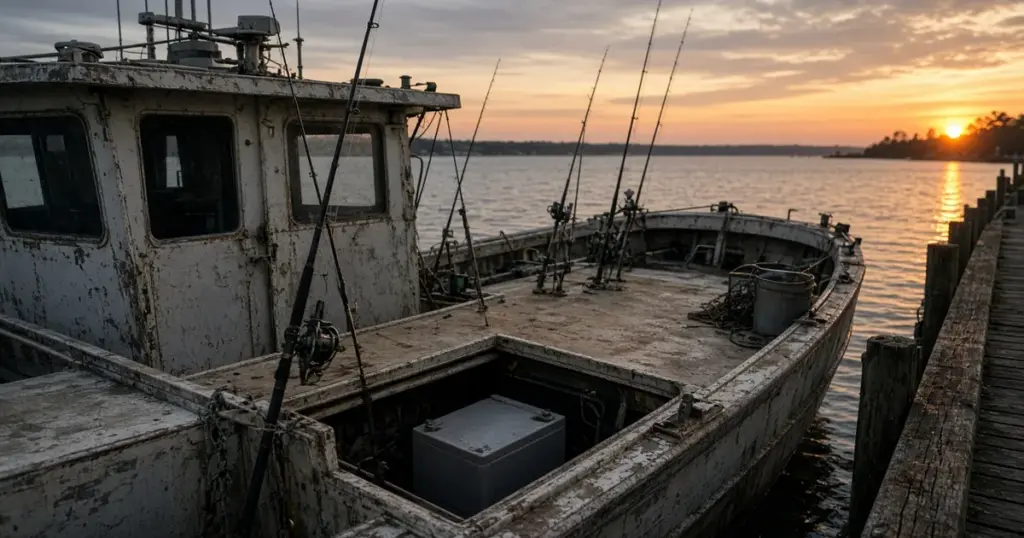 Weathered wooden workboat at a dock at sunset with a battery in its open deck compartment