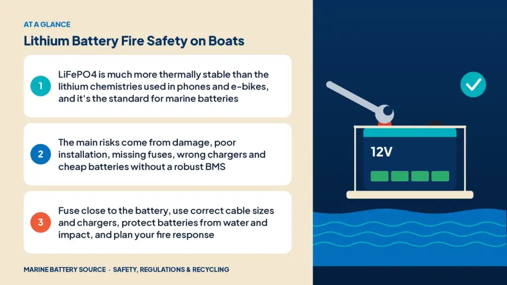 At-a-glance summary: LiFePO4 is much more thermally stable than the lithium chemistries used in phones and e-bikes, and it's the standard for marine batteries; The main risks come from damage, poor installation, missing fuses, wrong chargers and cheap batteries without a robust BMS; Fuse close to the battery, use correct cable sizes and chargers, protect batteries from water and impact, and plan your fire response