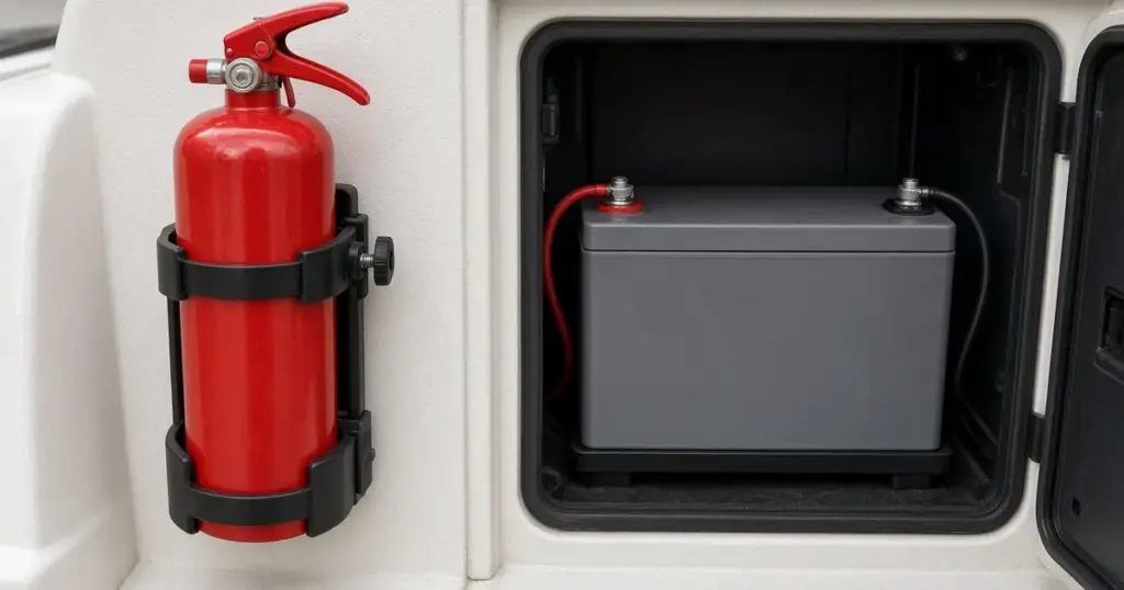 Fire extinguisher mounted beside a lithium battery in a boat compartment