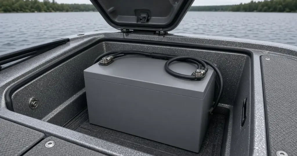 Lithium trolling battery in the open rear compartment of a bass boat