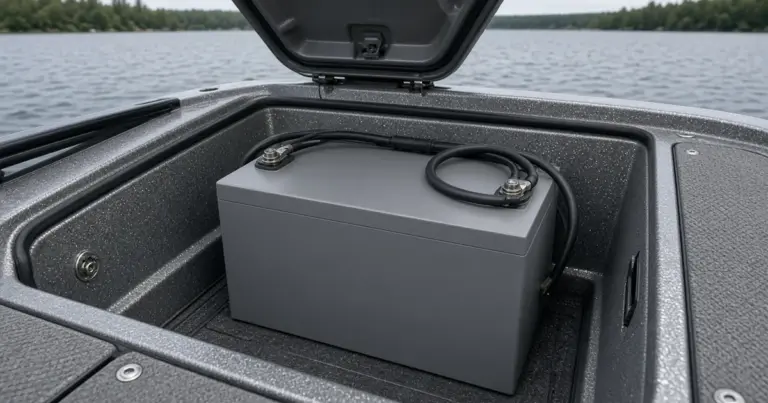 Lithium trolling battery in the open rear compartment of a bass boat