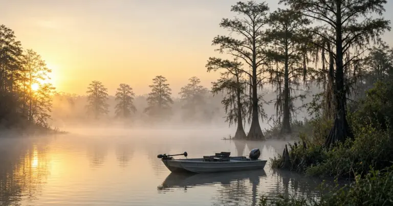Small boat on a misty cypress-lined river at sunrise