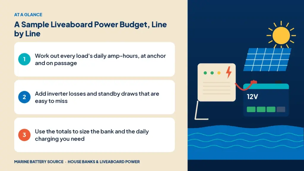 At-a-glance summary: Work out every load's daily amp-hours, at anchor and on passage; Add inverter losses and standby draws that are easy to miss; Use the totals to size the bank and the daily charging you need