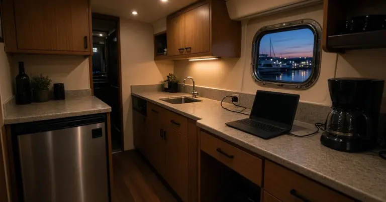 Liveaboard galley with a laptop on the counter, a coffee maker and a small refrigerator, sunset through the porthole