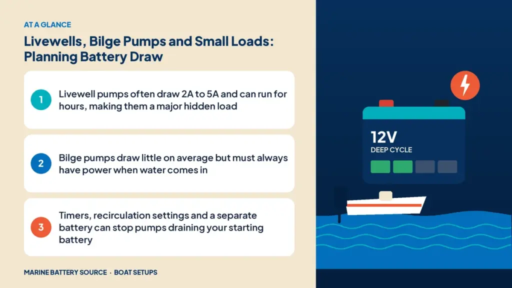 At-a-glance summary: Livewell pumps often draw 2A to 5A and can run for hours, making them a major hidden load; Bilge pumps draw little on average but must always have power when water comes in; Timers, recirculation settings and a separate battery can stop pumps draining your starting battery