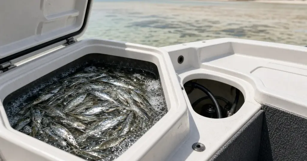 Open livewell full of baitfish on a fishing boat