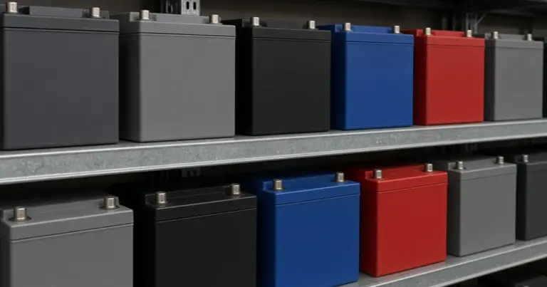 Rows of gray, black, blue and red marine batteries on store shelves