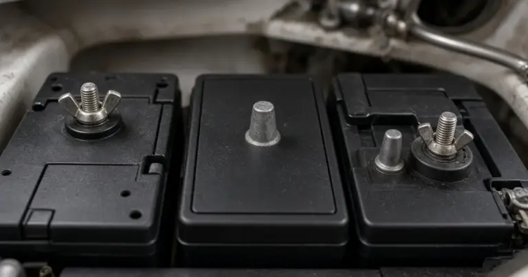 Three batteries showing wing-nut, smooth post and stud terminals side by side