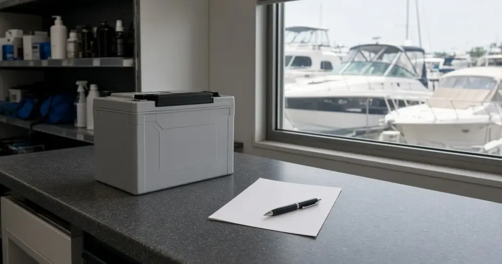 Marine battery on a service counter beside a paper and pen, with boats visible through the window