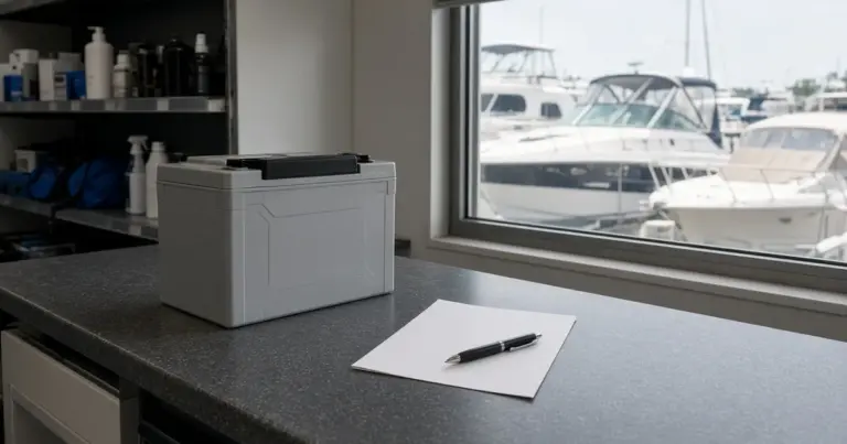 Marine battery on a service counter beside a paper and pen, with boats visible through the window