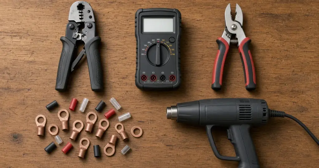 Crimper, multimeter, wire cutters, heat gun and assorted terminals on a wooden bench