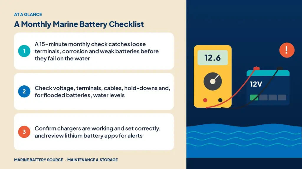 At-a-glance summary: A 15-minute monthly check catches loose terminals, corrosion and weak batteries before they fail on the water; Check voltage, terminals, cables, hold-downs and, for flooded batteries, water levels; Confirm chargers are working and set correctly, and review lithium battery apps for alerts