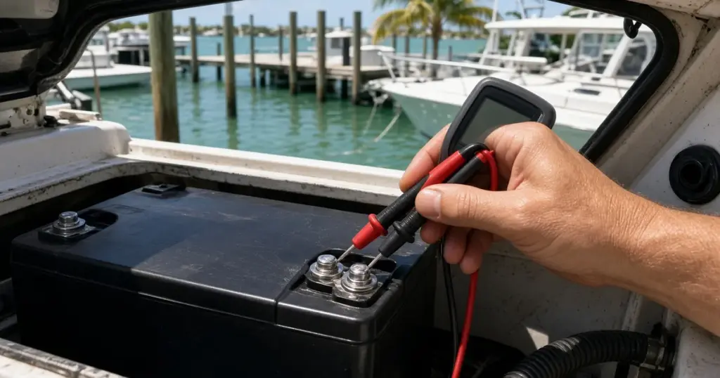 Hand holding multimeter probes on battery terminals in a boat compartment at a marina