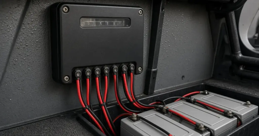 Multi-bank onboard charger with leads running to a row of batteries in a boat compartment