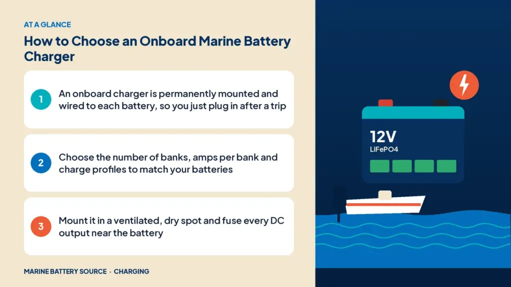 At-a-glance summary: An onboard charger is permanently mounted and wired to each battery, so you just plug in after a trip; Choose the number of banks, amps per bank and charge profiles to match your batteries; Mount it in a ventilated, dry spot and fuse every DC output near the battery