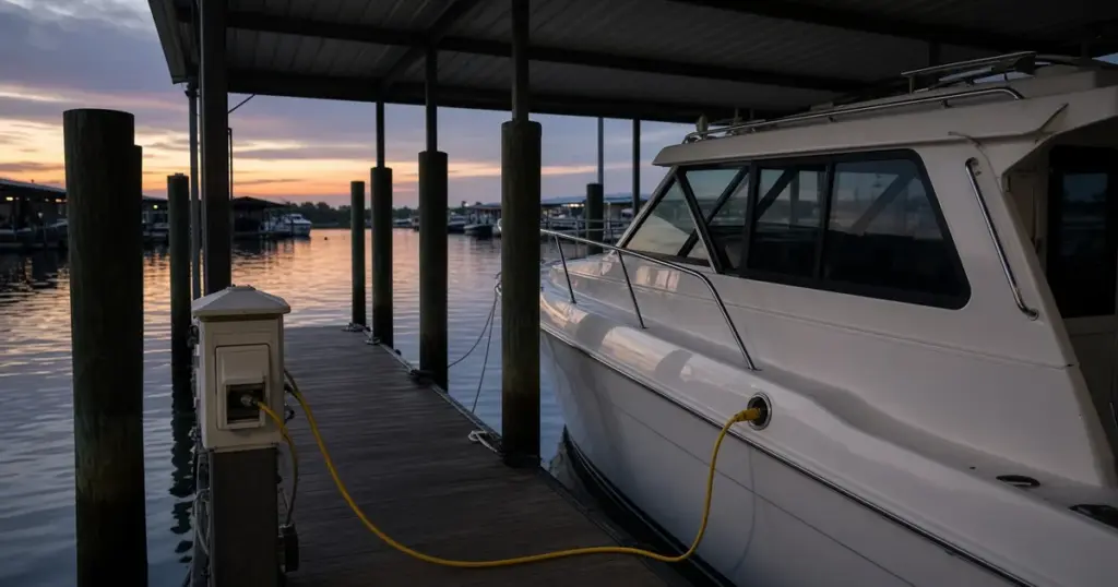 Cabin cruiser in a covered slip with a shore power cord running to its onboard charger at dusk