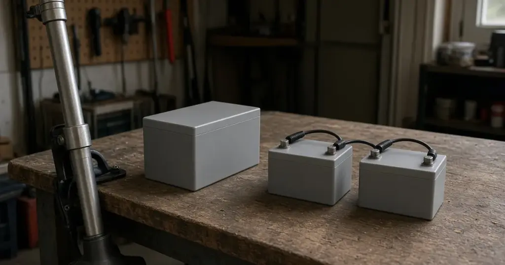 One larger lithium battery beside two smaller batteries on a garage workbench