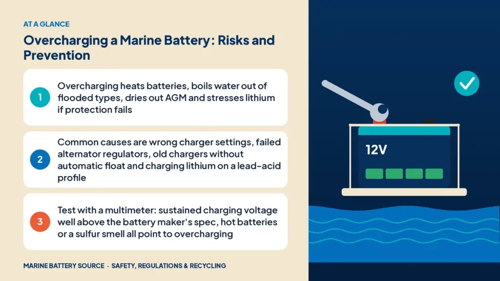 At-a-glance summary: Overcharging heats batteries, boils water out of flooded types, dries out AGM and stresses lithium if protection fails; Common causes are wrong charger settings, failed alternator regulators, old chargers without automatic float and charging lithium on a lead-acid profile; Test with a multimeter: sustained charging voltage well above the battery maker's spec, hot batteries or a sulfur smell all point to overcharging