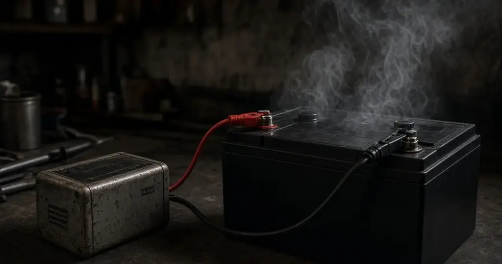 Battery venting vapor while connected to an old charger in a dim workshop