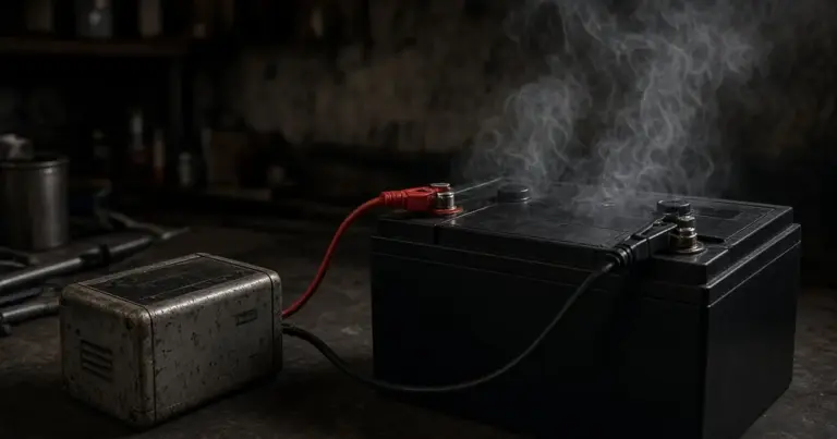 Battery venting vapor while connected to an old charger in a dim workshop