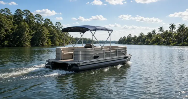 Pontoon boat with a bimini top cruising across a lake lined with pines and palms