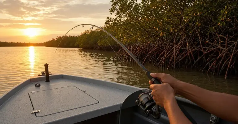 Angler's hands reeling in a bent rod from a skiff beside mangroves at sunset