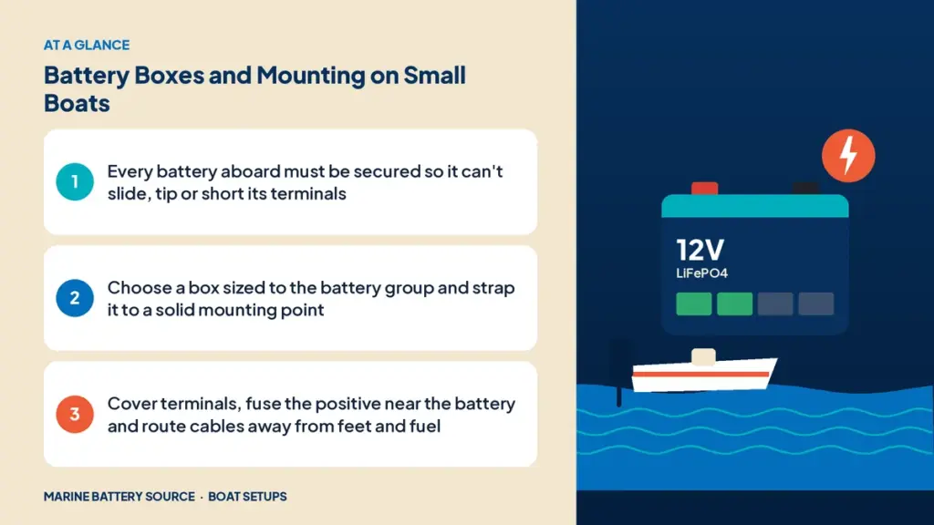 At-a-glance summary: Every battery aboard must be secured so it can't slide, tip or short its terminals; Choose a box sized to the battery group and strap it to a solid mounting point; Cover terminals, fuse the positive near the battery and route cables away from feet and fuel