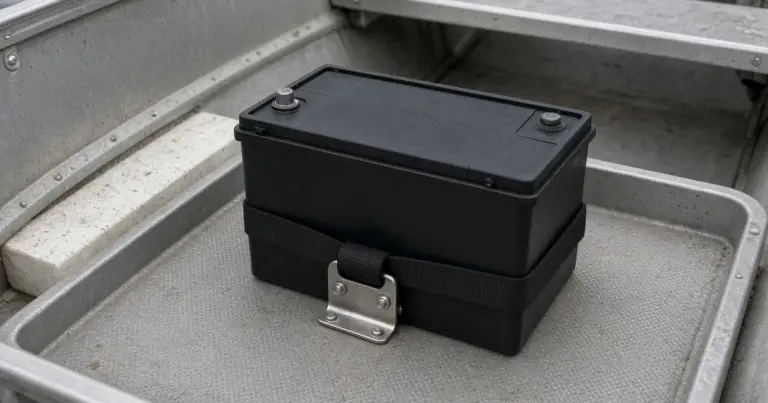 Battery box secured with a hold-down strap and buckle on the floor of an aluminum boat