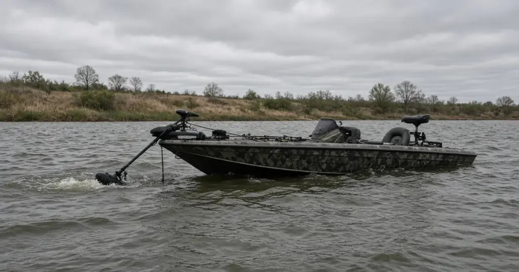 Bass boat holding position with its bow trolling motor deployed on a gray, windy lake