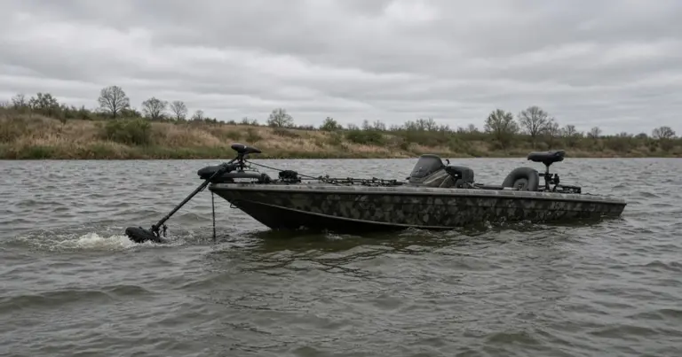 Bass boat holding position with its bow trolling motor deployed on a gray, windy lake