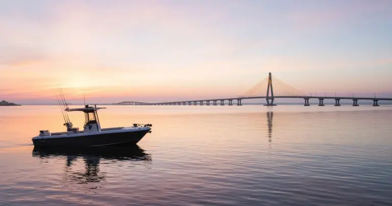 Center console on calm water at dawn with a cable-stayed bridge on the horizon