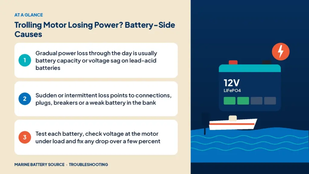 At-a-glance summary: Gradual power loss through the day is usually battery capacity or voltage sag on lead-acid batteries; Sudden or intermittent loss points to connections, plugs, breakers or a weak battery in the bank; Test each battery, check voltage at the motor under load and fix any drop over a few percent
