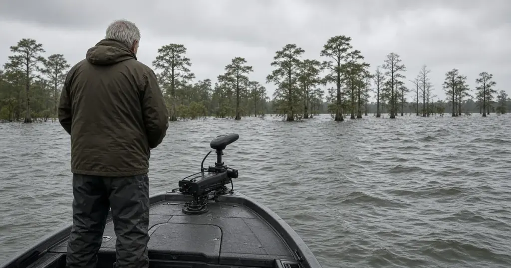 Angler at the bow of a fishing boat with a trolling motor among flooded cypress trees, seen from behind