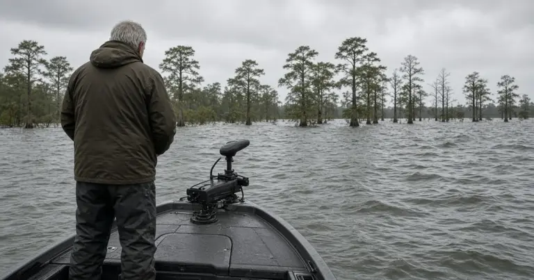 Angler at the bow of a fishing boat with a trolling motor among flooded cypress trees, seen from behind