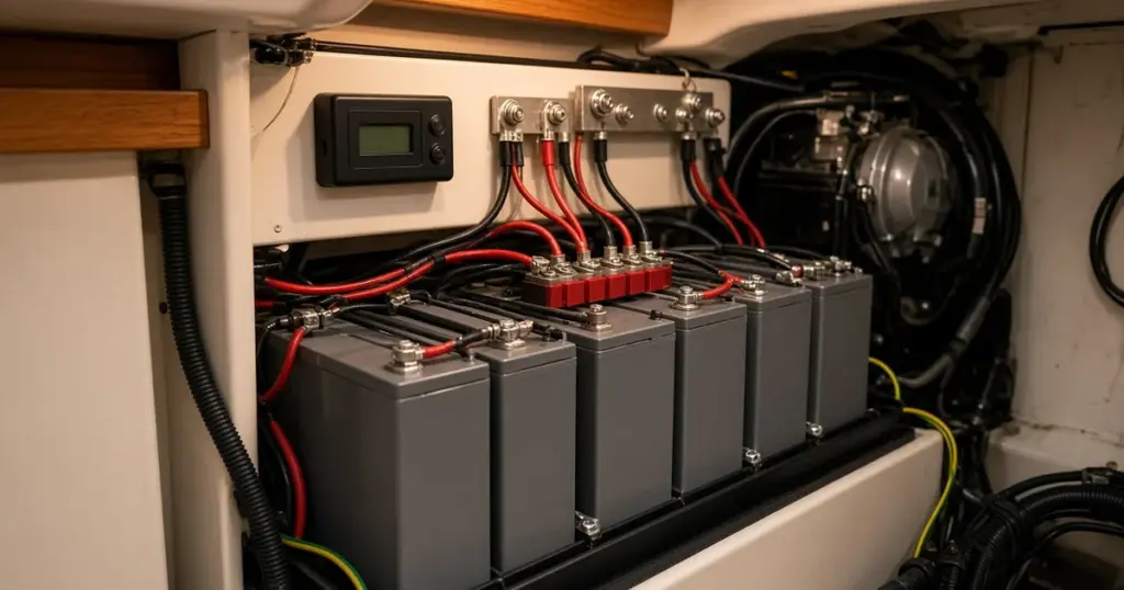 Large house battery bank with busbars, red and black cables and a battery monitor in a boat engine room