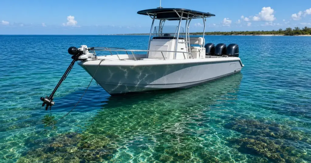 Center console with a bow trolling motor holding position over clear turquoise water