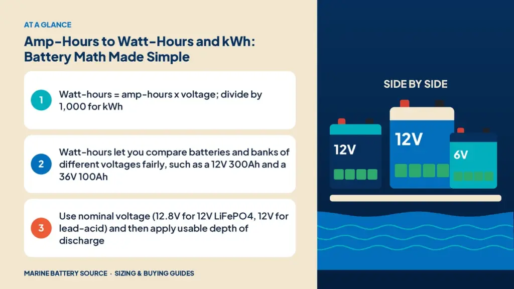 At-a-glance summary: Watt-hours = amp-hours x voltage; divide by 1,000 for kWh; Watt-hours let you compare batteries and banks of different voltages fairly, such as a 12V 300Ah and a 36V 100Ah; Use nominal voltage (12.8V for 12V LiFePO4, 12V for lead-acid) and then apply usable depth of discharge