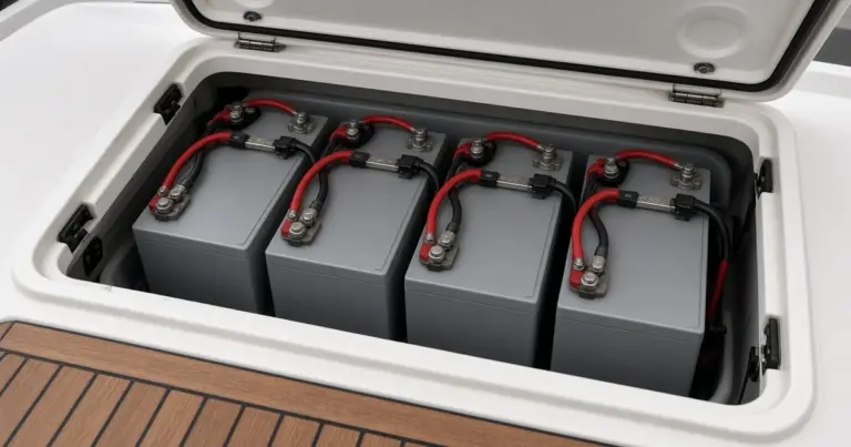 Four lithium batteries wired together in a white boat compartment beside a teak deck