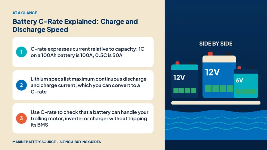 At-a-glance summary: C-rate expresses current relative to capacity; 1C on a 100Ah battery is 100A, 0.5C is 50A; Lithium specs list maximum continuous discharge and charge current, which you can convert to a C-rate; Use C-rate to check that a battery can handle your trolling motor, inverter or charger without tripping its BMS