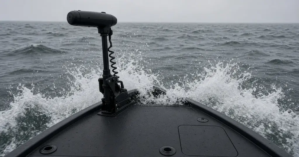 Bow trolling motor on a fishing boat pushing through rough, spraying water