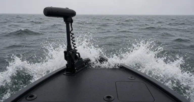 Bow trolling motor on a fishing boat pushing through rough, spraying water