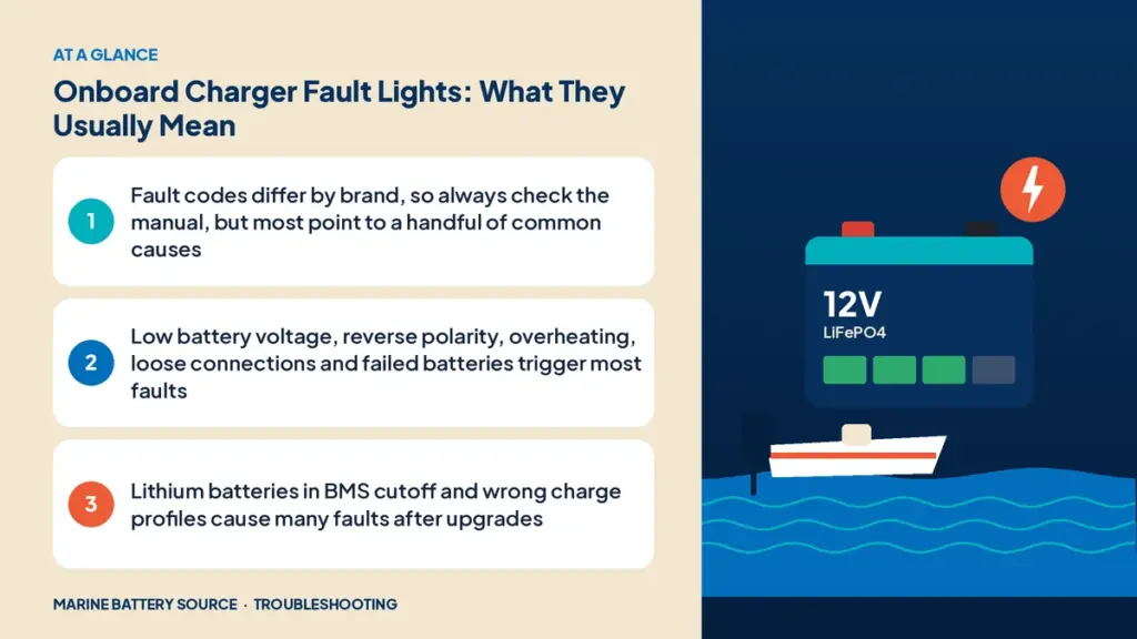 At-a-glance summary: Fault codes differ by brand, so always check the manual, but most point to a handful of common causes; Low battery voltage, reverse polarity, overheating, loose connections and failed batteries trigger most faults; Lithium batteries in BMS cutoff and wrong charge profiles cause many faults after upgrades
